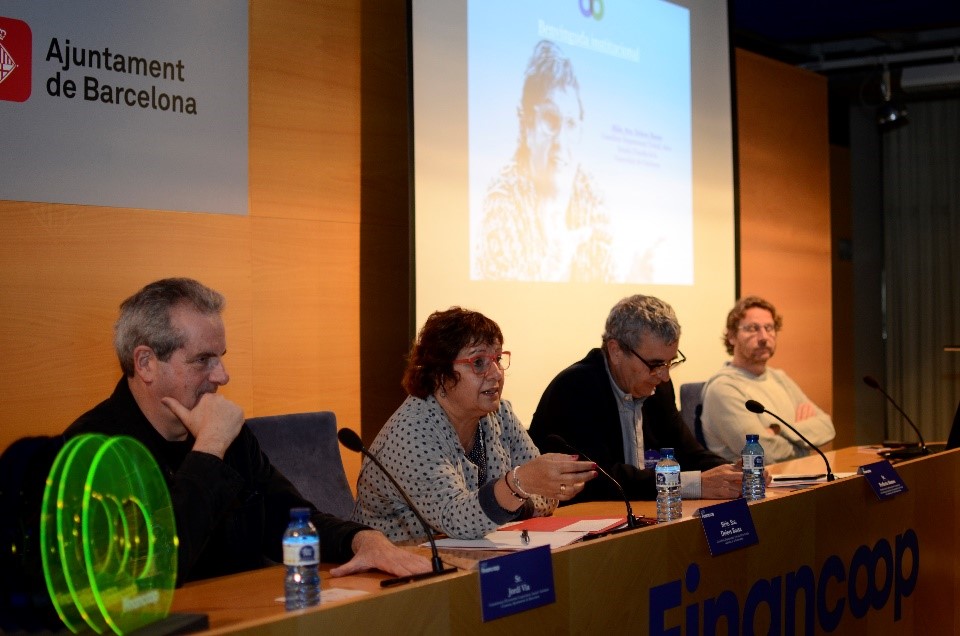 Taula presidencial de la jornada amb la consellera Dolors Bassa; el comissionat d'Economia Social, Jordi Via i el president de la confederació de Cooperatives, Perfecto Alonso
