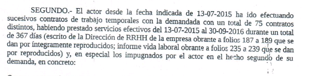 Fragment de la sentència on es veu probat que a l'afectat li van fer 75 contractes