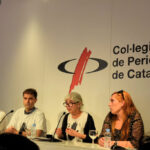 Roser Mercader, presidenta del comitè d'empresa de TV3 i la germana del treballador acusat en roda de premsa: Foto : Tomeu Ferrer