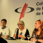 La presidenta del comitè d'empresa de TV3, Roser Mercader, amb la germana del treballador acusat, en roda de premsa: Foto, Tomeu Ferrer