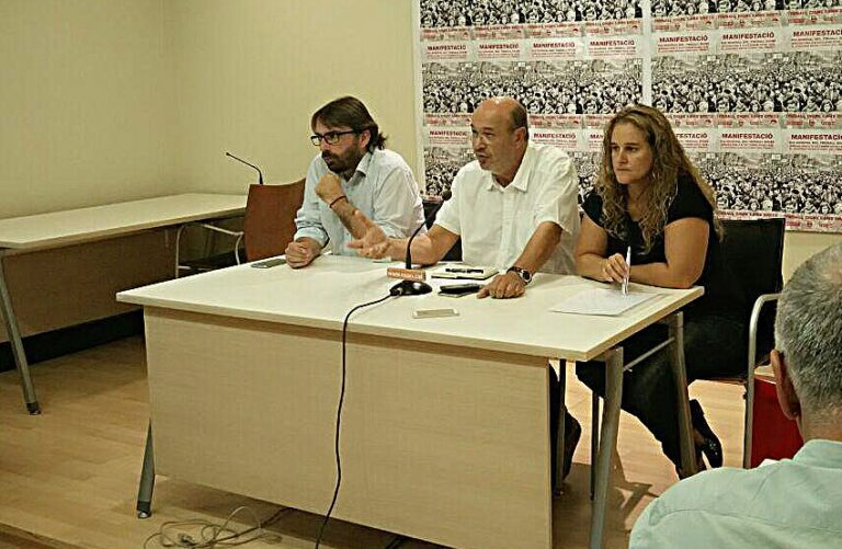 Camil Ros (UGT),;Joan Carles Gallego (CCOO) i Maria Recuero, (USOC) durant la presentació de la manifestació FOTO: Tomeu Ferrer