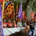 Els líders de CCOO i UGT mentre es llegeix el manifest unitari contra la sinistralitat foto:TOMEU FERRER