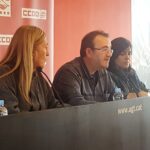 Un moment de la roda de premsa en la qual els representants de CCOO i UGT han anunciat la vaga del 12 de desembre foto CCOO