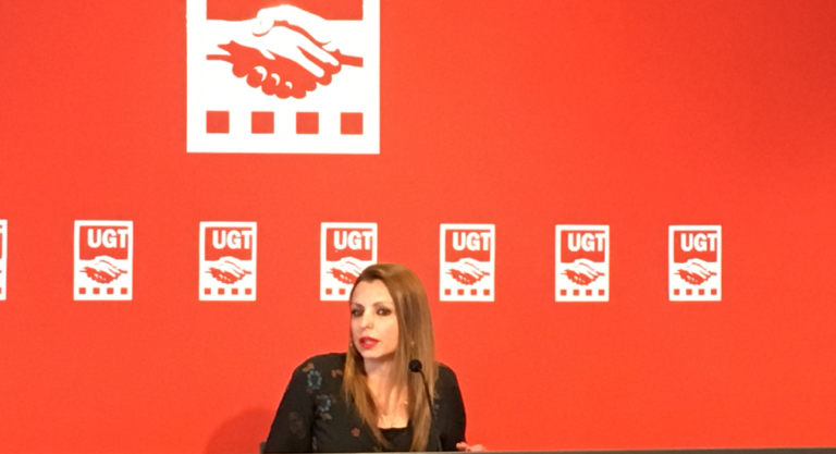 Núria Gilgado, secretaria de politica sindical de UGT de Catalunya durant la roda de premsa foto: UGT