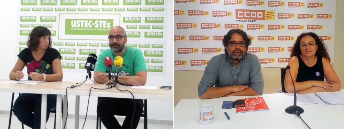 Rodes de premsa dels sindicats Ustec (amb Eli Pericas i Ramon Font) i CCOO (amb Manel Pulido i Teresa Esperabé).