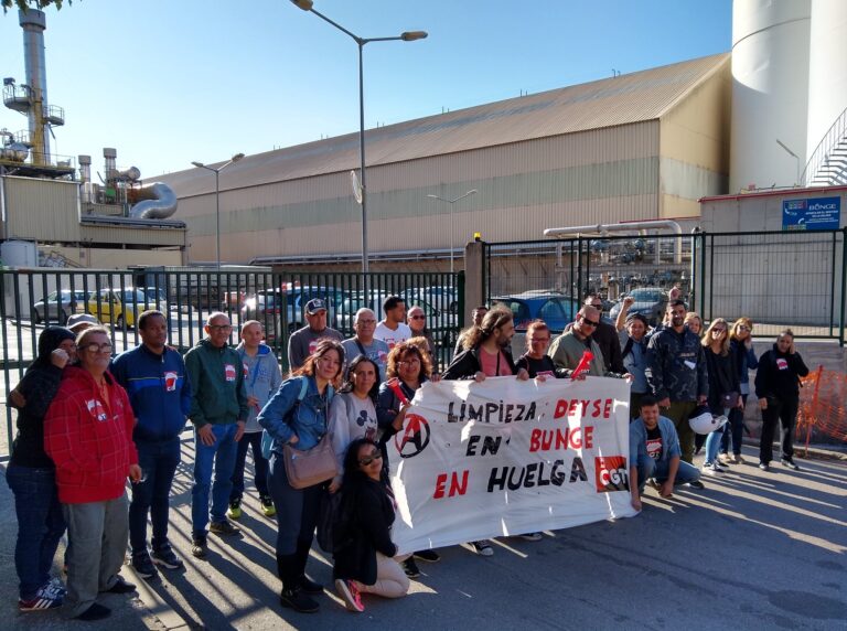 Les treballadores i els treballadors a les portes del centre de treball en el qual fan la seva feina, foto: CGT